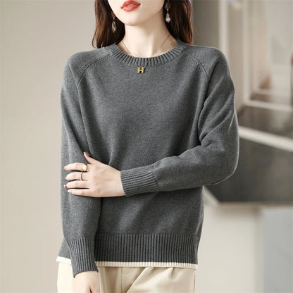 Damen Rundhals Strickpullover Langarm Feinstrick Hellblau