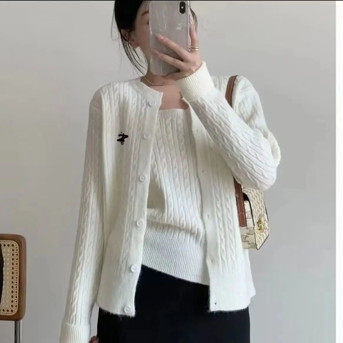 Damen Strick Cardigan & Top Set Zopfmuster Rundhals