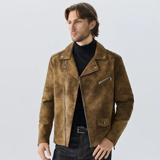 Veste biker pour homme aspect daim, avec fermetures éclair et clous