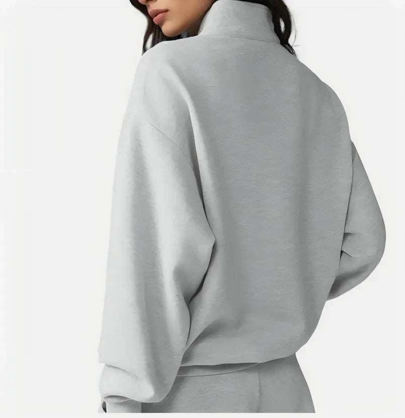 Damen Loungewear Set Hellgrau mit Reißverschluss-Sweatshirt und Shorts