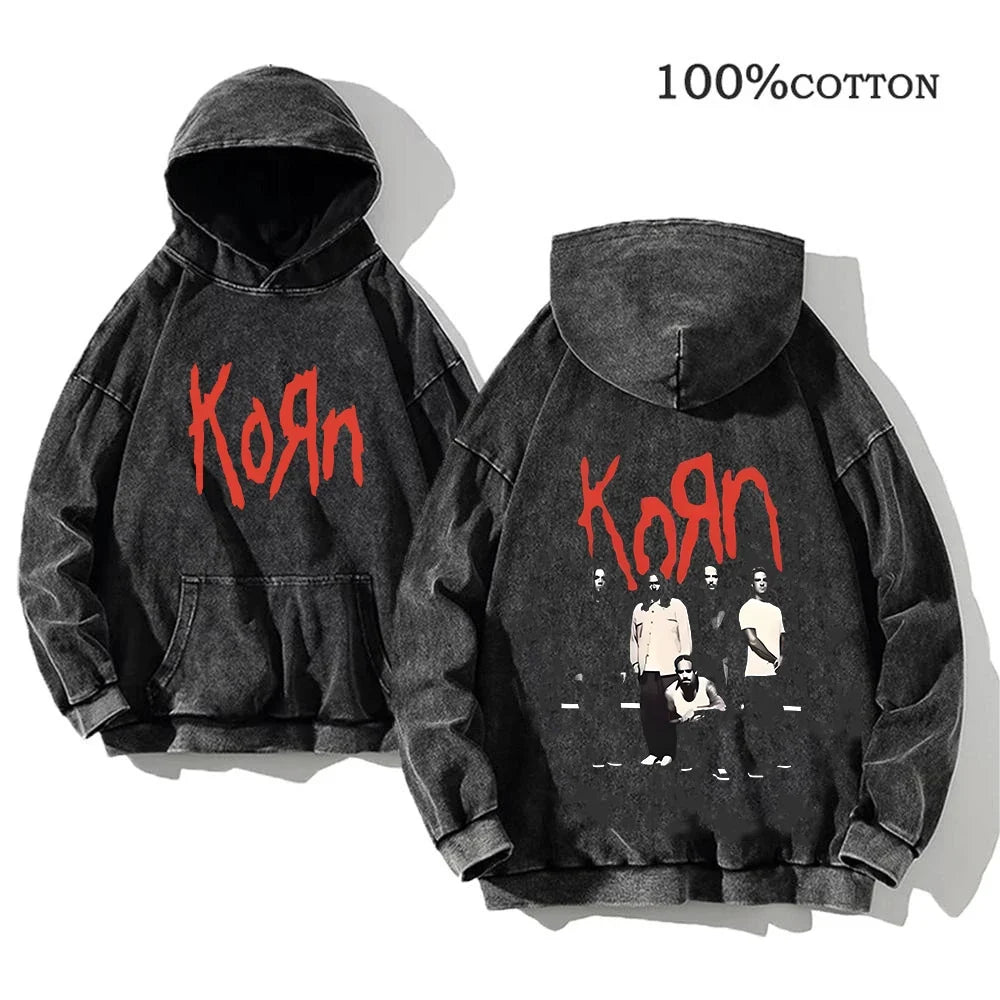 Unisex Kapuzenpullover Grau mit Band-Print & Kängurutasche