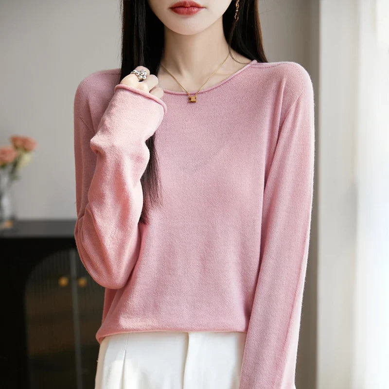 Suéter de manga larga para mujer con cuello redondo, tejido fino y diseño básico
