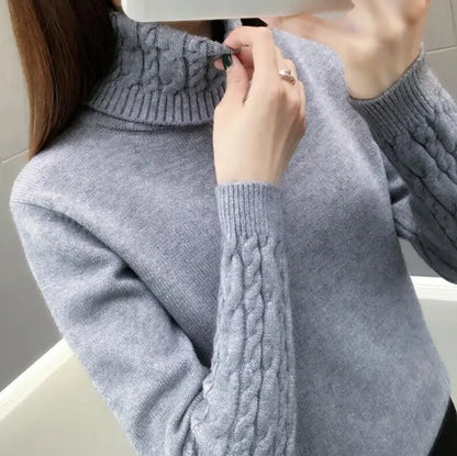 Damen Rollkragenpullover mit Zopfmuster Ärmeln in Grau
