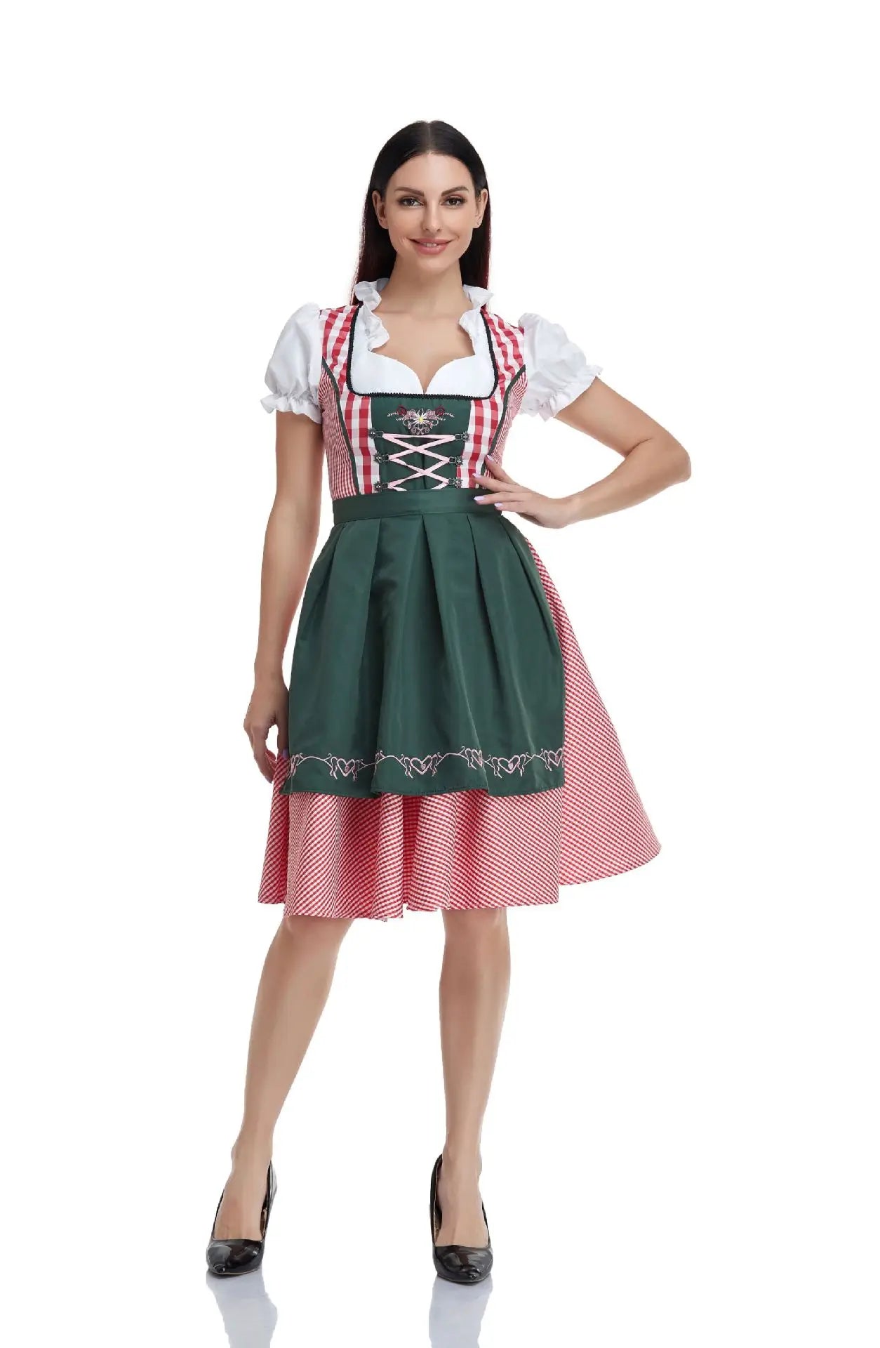 Damen Dirndl Trachtenkleid mit Schürze und Bluse Kariert Spitzenverzierung