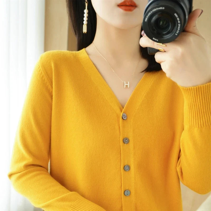 Damen Strickjacke V-Ausschnitt Knopfleiste Langarm Cardigan