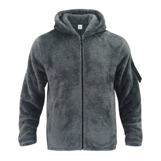 Herren Plüsch Hoodie Jacke mit Reißverschluss und Kapuze Grau