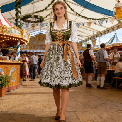 Damesdirndl met kant en schort in groen-goud