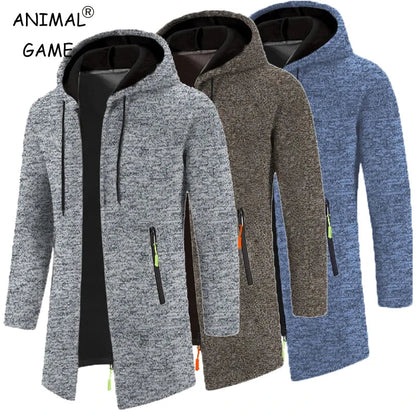 Herren Hoodie Jacke Lang Strickoptik mit Reißverschluss-Taschen