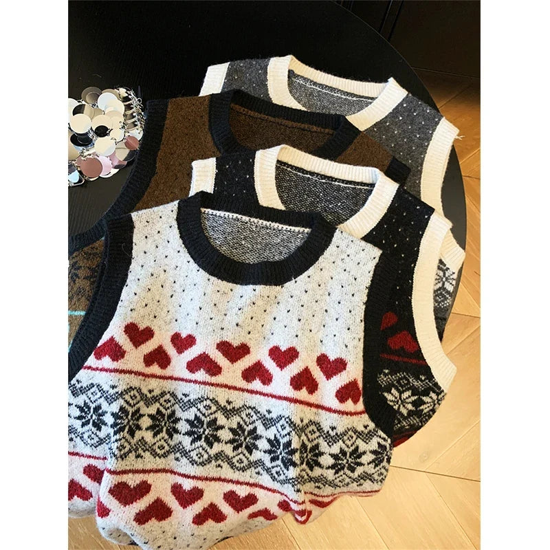 Damen Strickweste Jacquard Norweger-Muster Herz Schneeflocke Ärmellos Rundhals