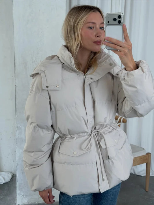 Gesteppte Pufferjacke mit Tunnelzug Taille & Kapuze für Damen