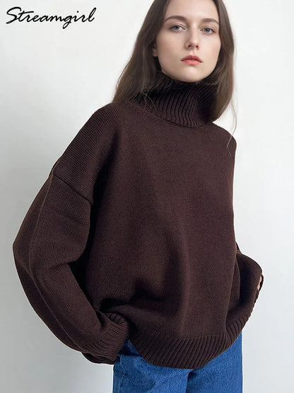 Dolcevita oversize da donna, maglione lavorato a maglia a maniche lunghe