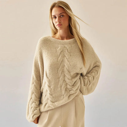 Pull pour femme à coupe ample, motif torsadé, texture duveteuse