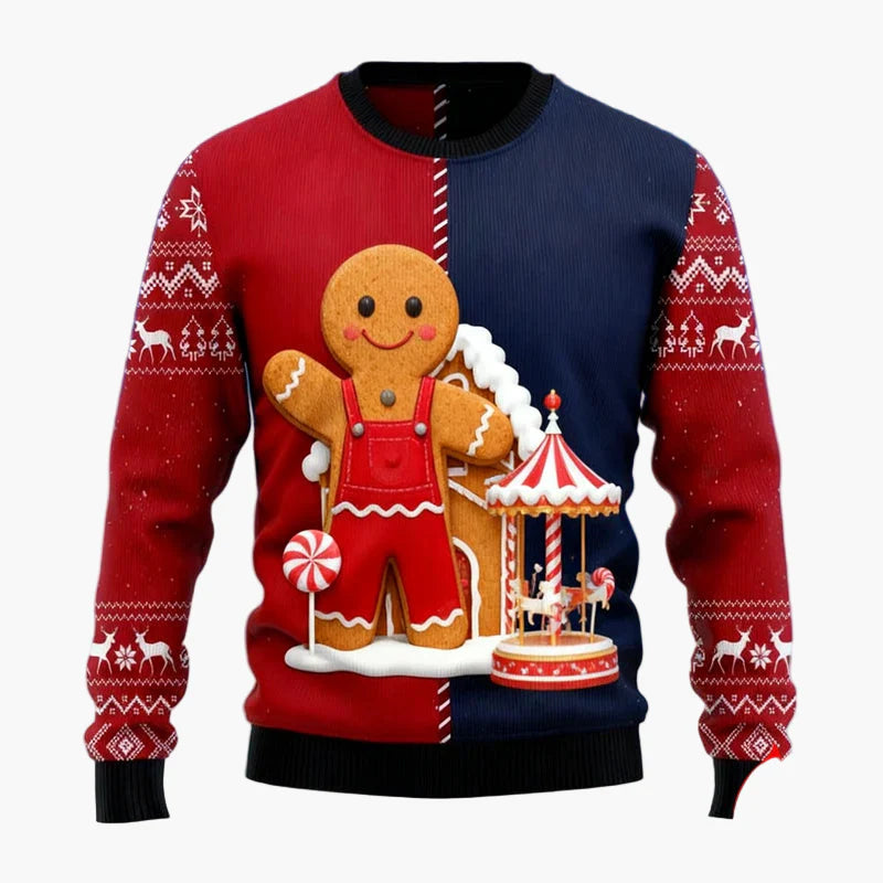 Pull de Noël pour homme avec bonhomme en pain d’épices, maison en pain d’épices et sapin – Pull moche festif et amusant