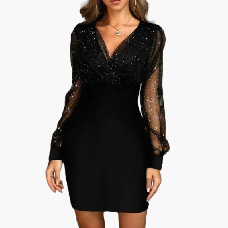Dame elegant festkjole med glimmer og transparente ærmer – Perfekt til aftenarrangementer