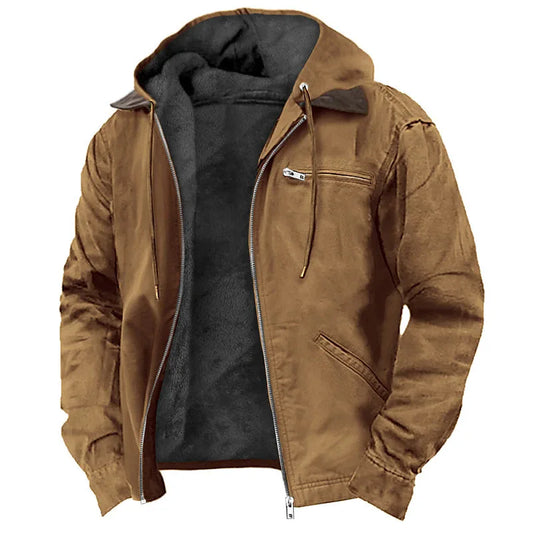 Herren Winterjacke mit Kapuze, Reißverschluss und Fleecefutter, Outdoor Übergangsjacke