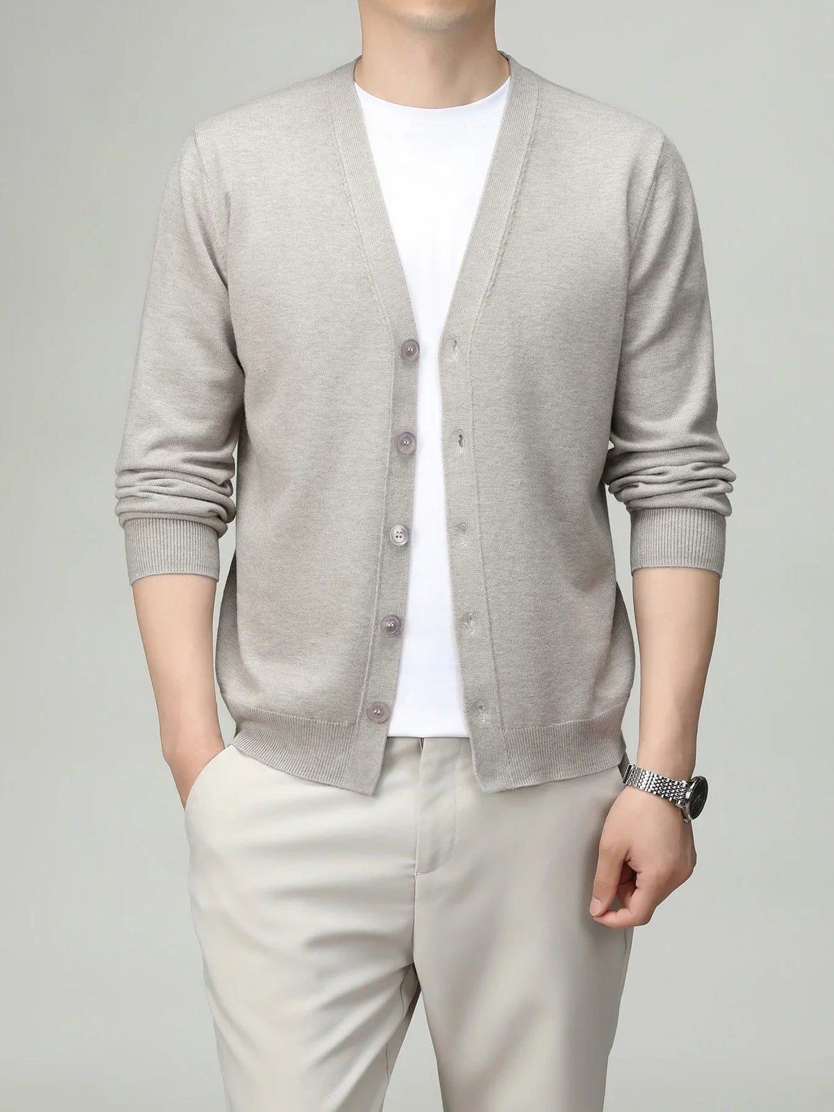 Herren Strickjacke V-Ausschnitt Knopfleiste Cardigan Langarm Rippbündchen