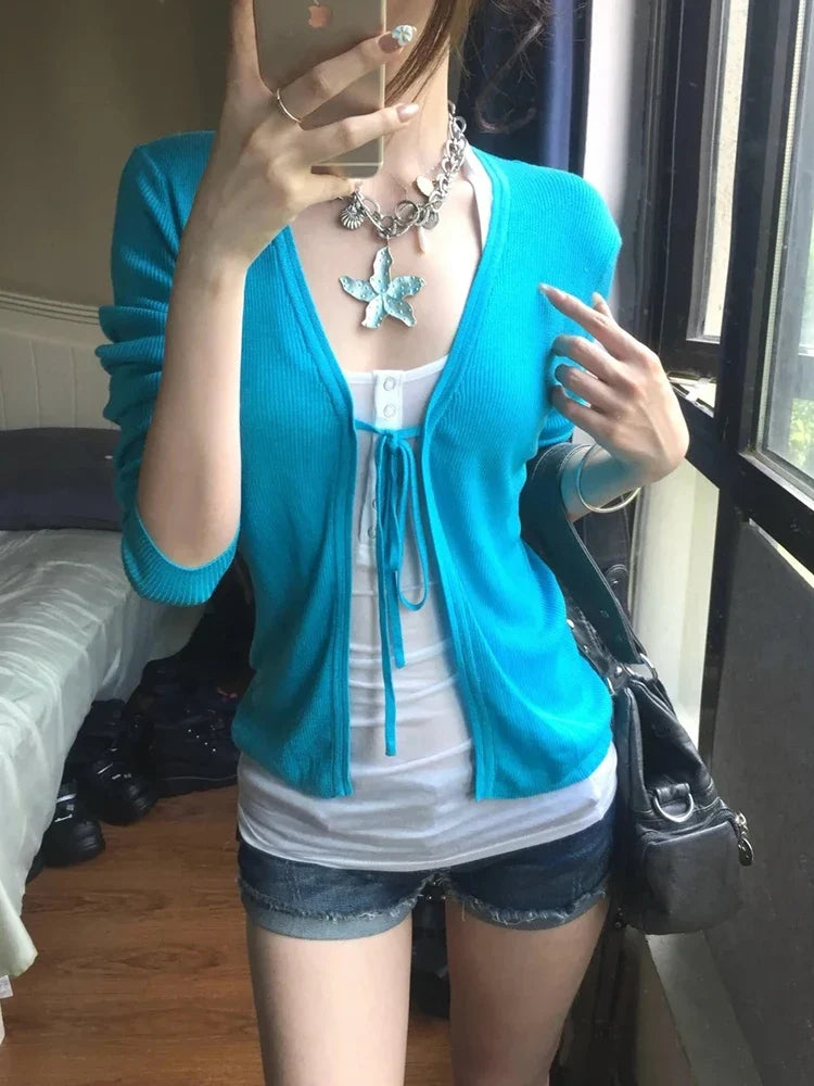 Cardigan da donna in maglia con scollo a V, maniche lunghe, blu
