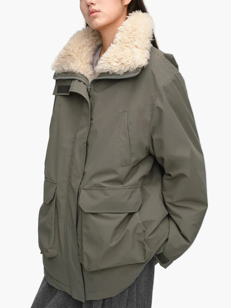 Damski zimowy parka z kołnierzem teddy – casualowy płaszcz outdoorowy na zimne dni