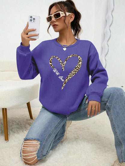 Sweat-shirt bleu pour femme avec imprimé cœur léopard, col rond et manches longues