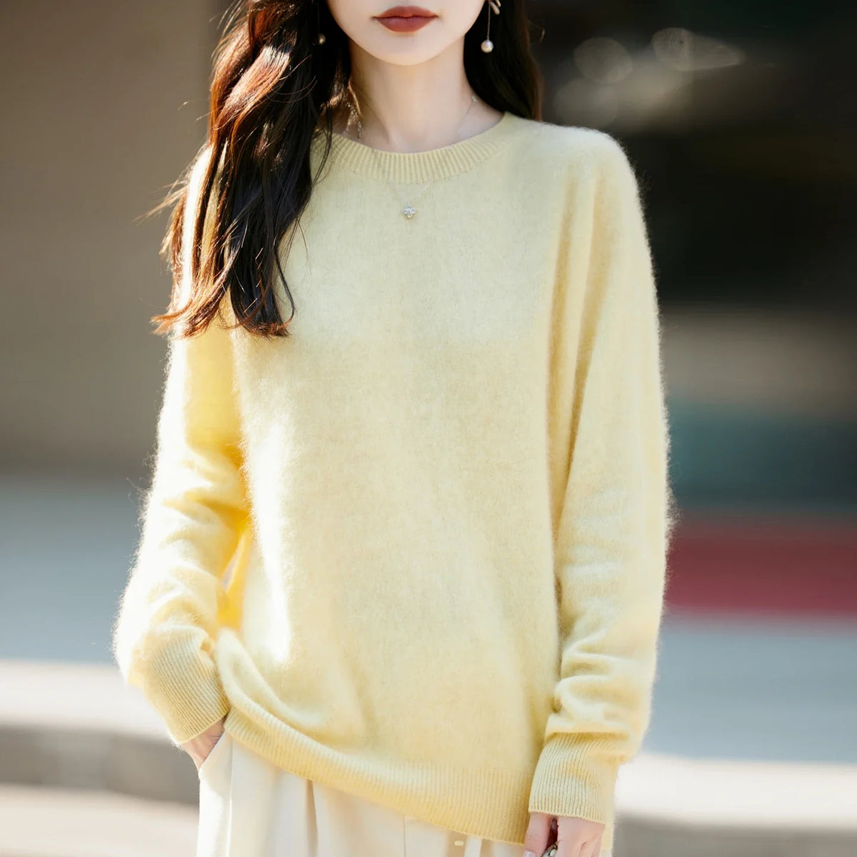Pullover da donna in maglia, a girocollo, a maniche lunghe, morbido