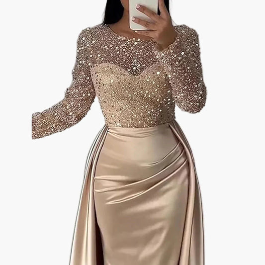 Vestido de noche para mujer elegante de manga larga con brillo y lentejuelas para fiesta y baile