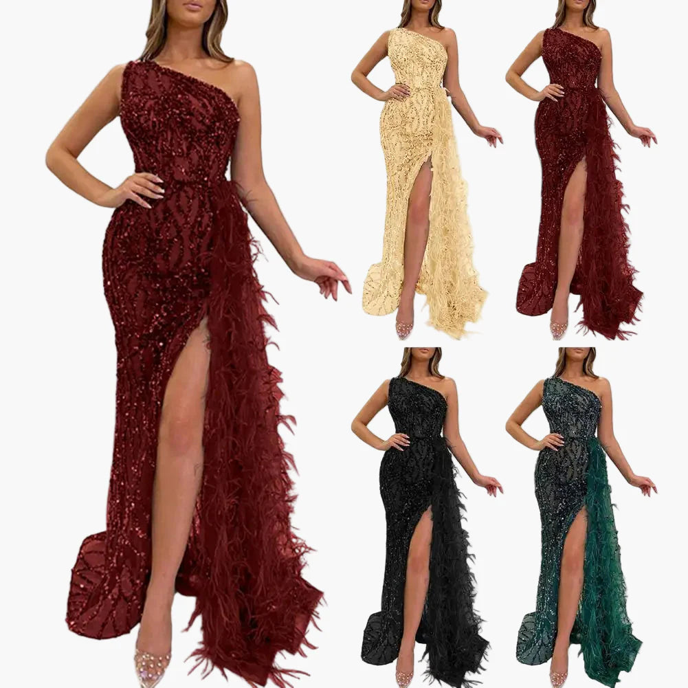Vestido de noche para mujer de un solo hombro con lentejuelas y plumas – Vestido de fiesta elegante para ocasiones especiales