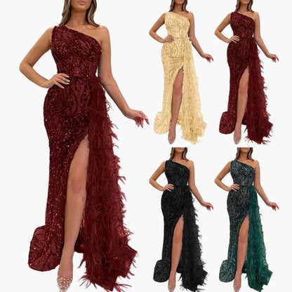 Vestido de noche para mujer de un solo hombro con lentejuelas y plumas – Vestido de fiesta elegante para ocasiones especiales