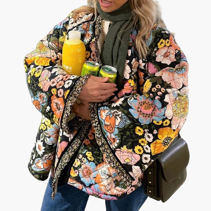 Damen Boho Steppjacke mit Blumenmuster – Lässiger Vintage Style, Frühlings- und Sommer-Outfit