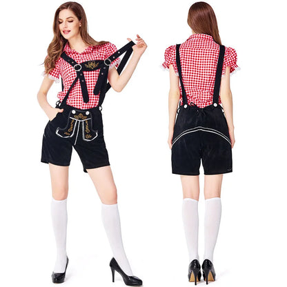 Costume da donna in stile dirndl con camicetta a quadri e pantaloncini con bretelle, vari colori