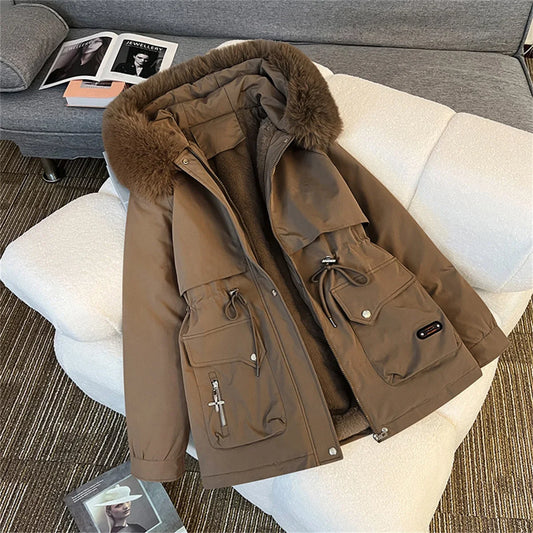 Veste d’hiver pour femme avec capuche bordée de fourrure, parka doublée avec cordon de serrage et poches