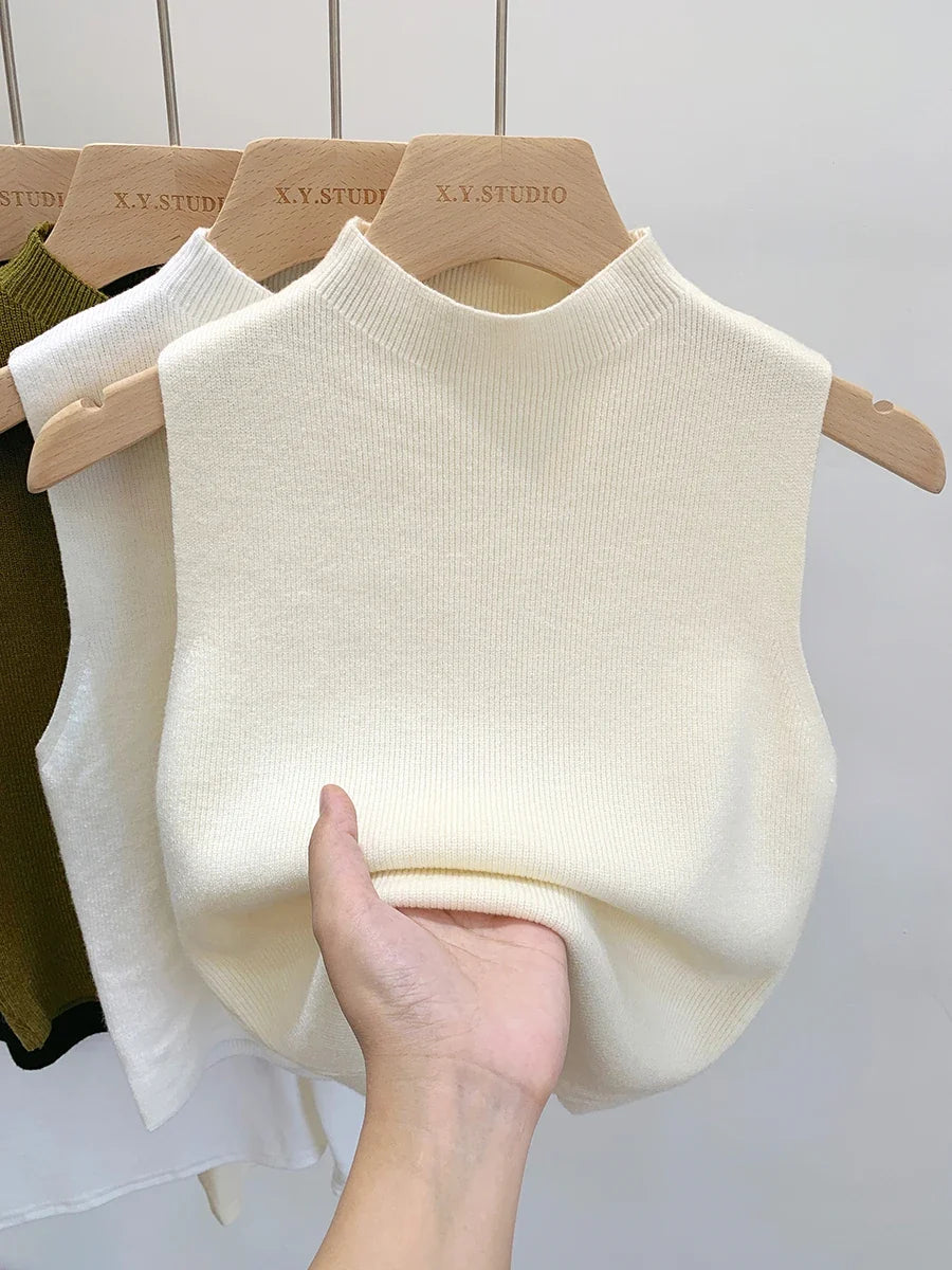 Ärmelloses Stricktop Damen Stehkragen Rippstrick Tanktop