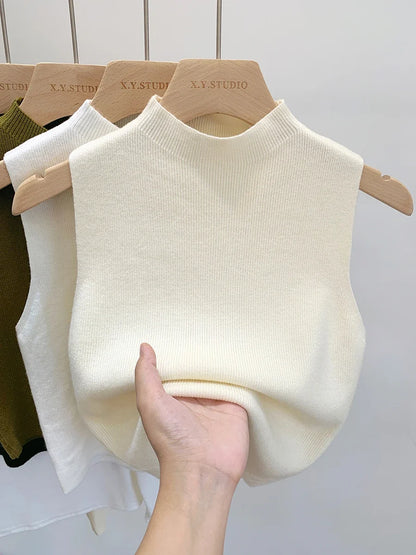 Ärmelloses Stricktop Damen Stehkragen Rippstrick Tanktop