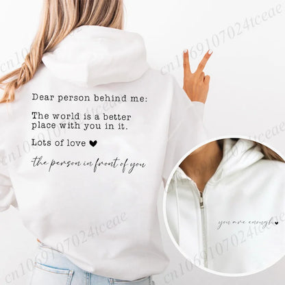 Damen Hoodie mit "Dear person behind me" Aufdruck und Reißverschluss-Detail