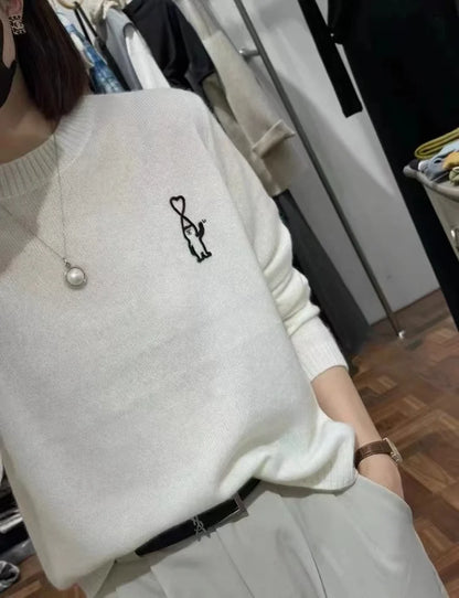 Maglione da donna a girocollo con ricamo, maniche lunghe e polsini a coste, materiale morbido e soffice