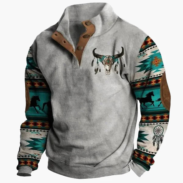 Herren Vintage Western Pullover mit Ethno-Muster und Stehkragen – Freizeitmode für Herbst und Winter
