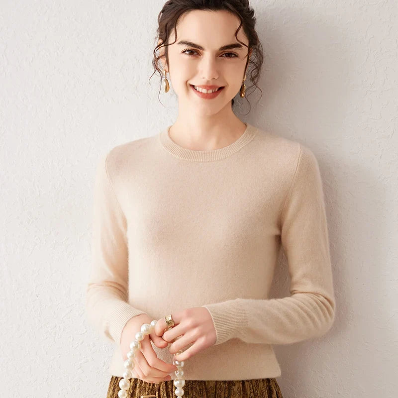Pull femme à col rond et manches longues, maille fine, basique