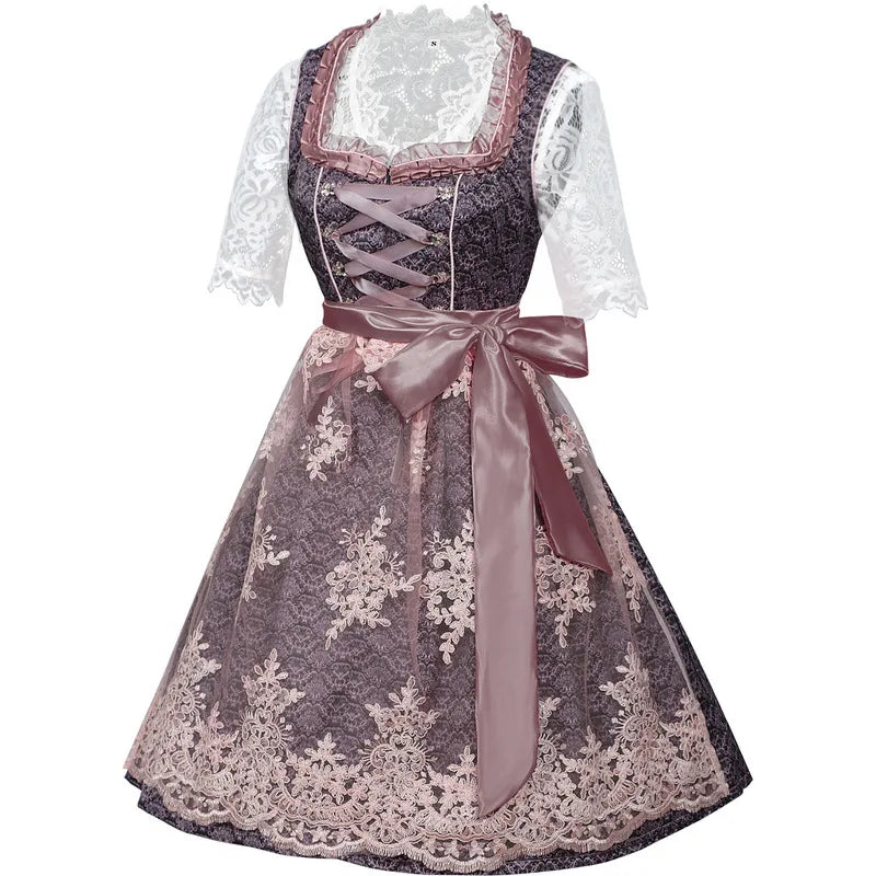 Dirndl til damer, tradisjonell kjole med blonder, forkle og bluse til oktoberfesten