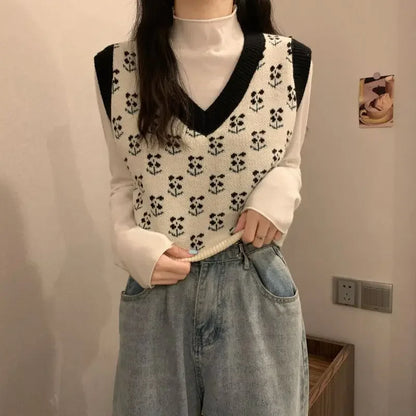 Chaleco de punto para mujer con escote en V y estampado floral & chaleco tipo jersey de manga corta