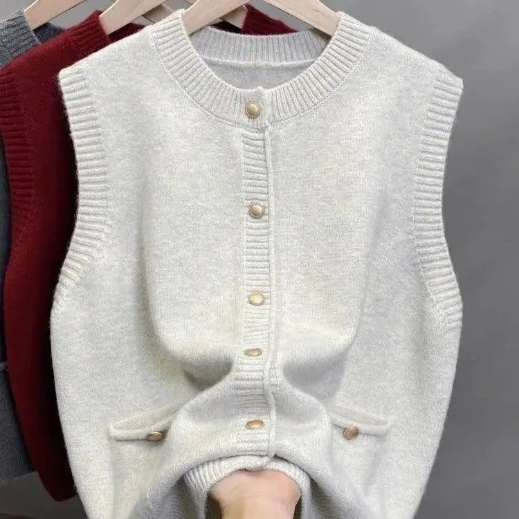Damen Strickweste mit Rundhalsausschnitt und Knöpfen