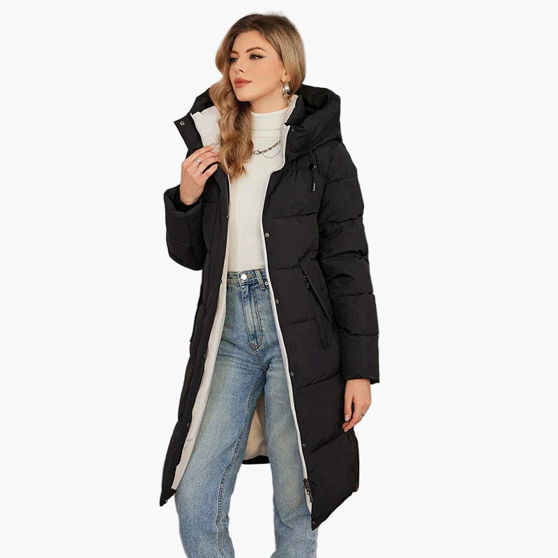 Dames winter gewatteerde mantel met capuchon – Lange, modieuze outdoor mantel voor koude dagen