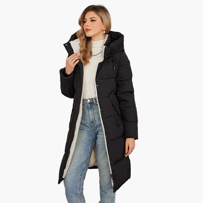 Dames winter gewatteerde mantel met capuchon – Lange, modieuze outdoor mantel voor koude dagen
