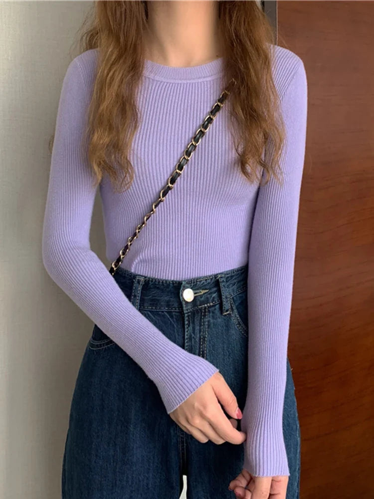 Pullover a maniche lunghe da donna, a coste, girocollo, top in vari colori