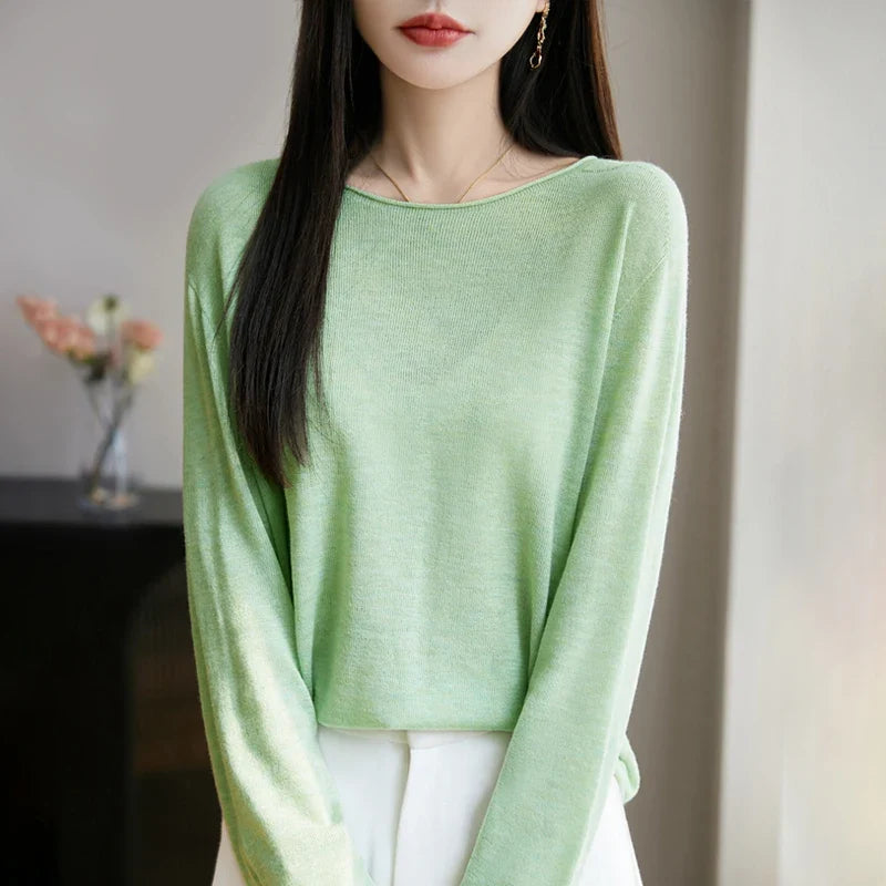 Suéter de manga larga para mujer con cuello redondo, tejido fino y diseño básico