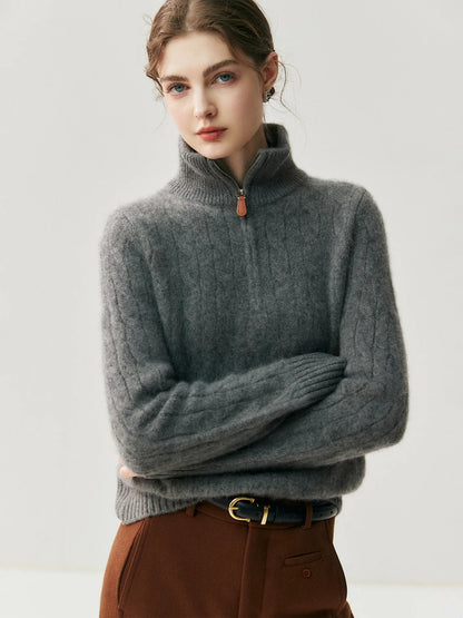 Damen Strickpullover mit Zopfmuster, Stehkragen und Reißverschluss