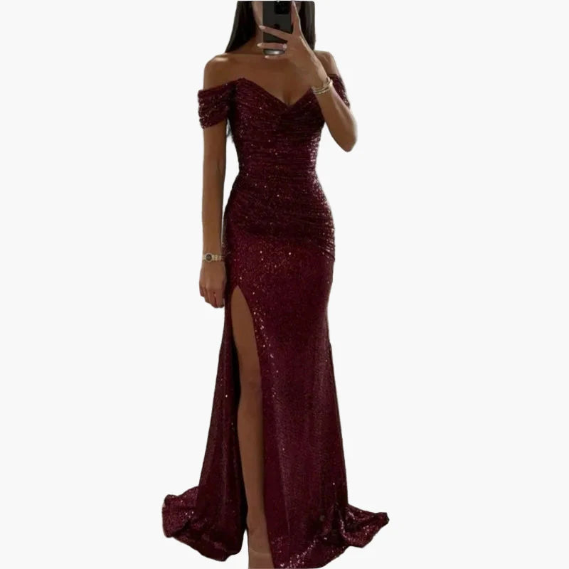 Vestido de noche elegante para mujer off-shoulder con abertura alta – Perfecto para ocasiones festivas y galas