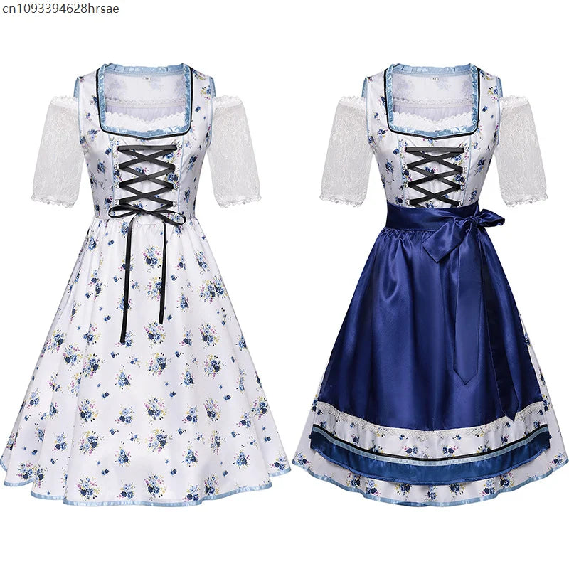 Dirndl til dame, tradisjonelt blomstermønster, blått og hvittketøy