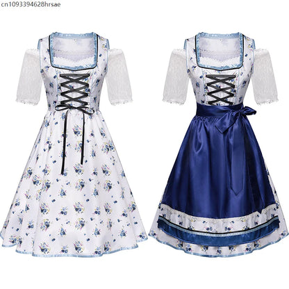 Dirndl til dame, tradisjonelt blomstermønster, blått og hvittketøy