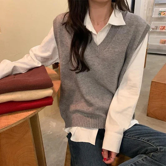 Gilet in maglia da donna con scollo a V, senza maniche, grigio