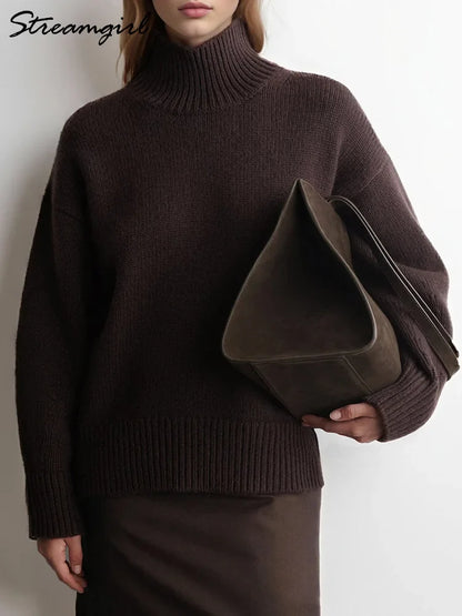 Dolcevita oversize da donna, maglione lavorato a maglia a maniche lunghe