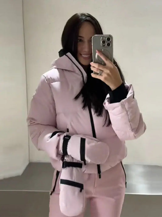 Ensemble veste d'hiver et pantalon de ski pour femme, matelassé, rose